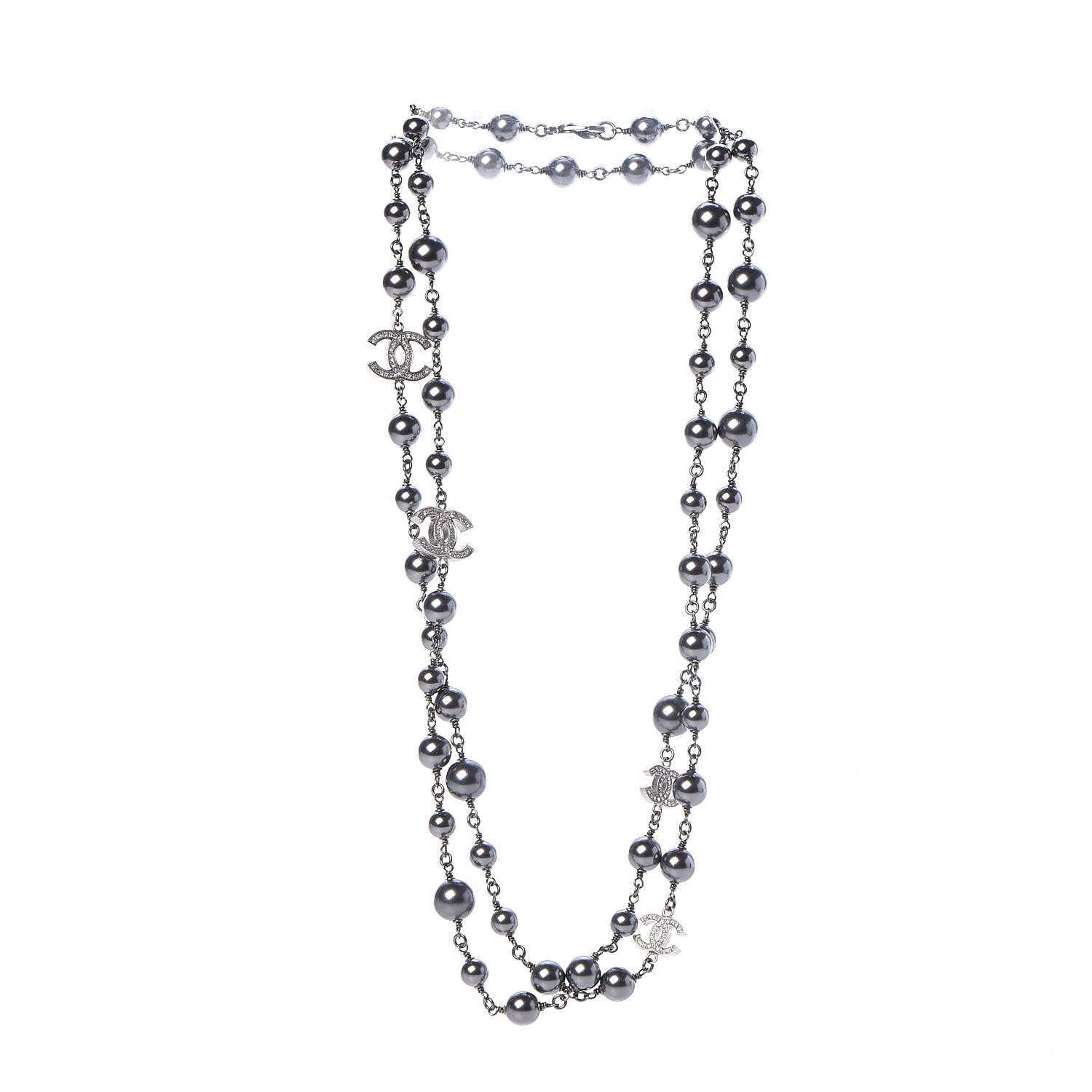 Chanel Pearl Crystal CC Long Necklace Silver Grey 3 of 4