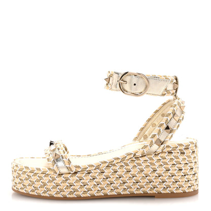 Valentino Garavani Laminated Nappa Rockstud Flatform Espadrille 45MM Sandals 36 Natural Ivory Gold Platinum 1 of 8