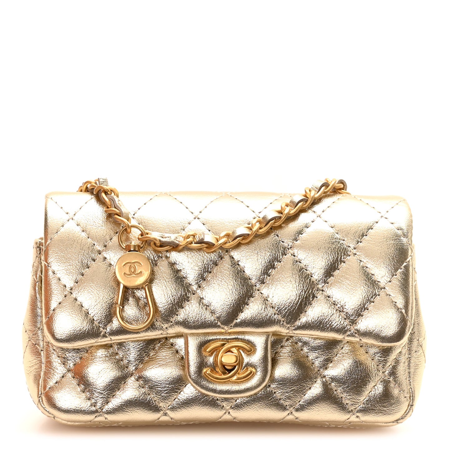 Metallic Calfskin Quilted Mini Flap Bag Charm With Hook Golden
