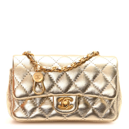 Chanel Metallic Calfskin Quilted Mini Flap Bag Charm With Hook Golden 1 of 11