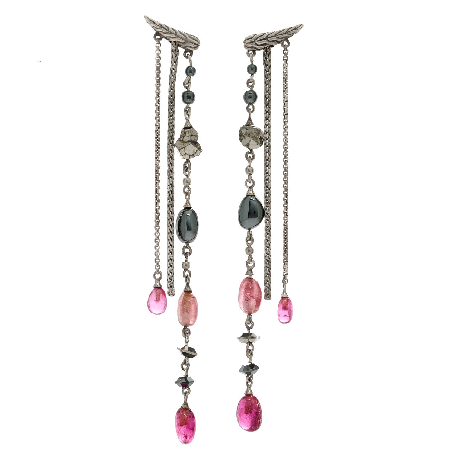 John Hardy X Adwoa Aboah Sterling Silver Pink Tourmaline Pyrite Hematite Classic Chain Drop Earrings 1 of 4