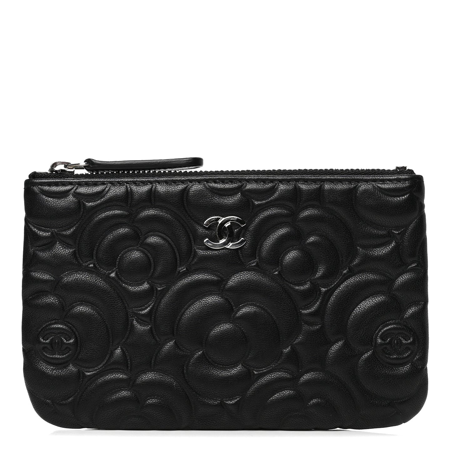 Goatskin Camellia Embossed Cosmetic Pouch Black