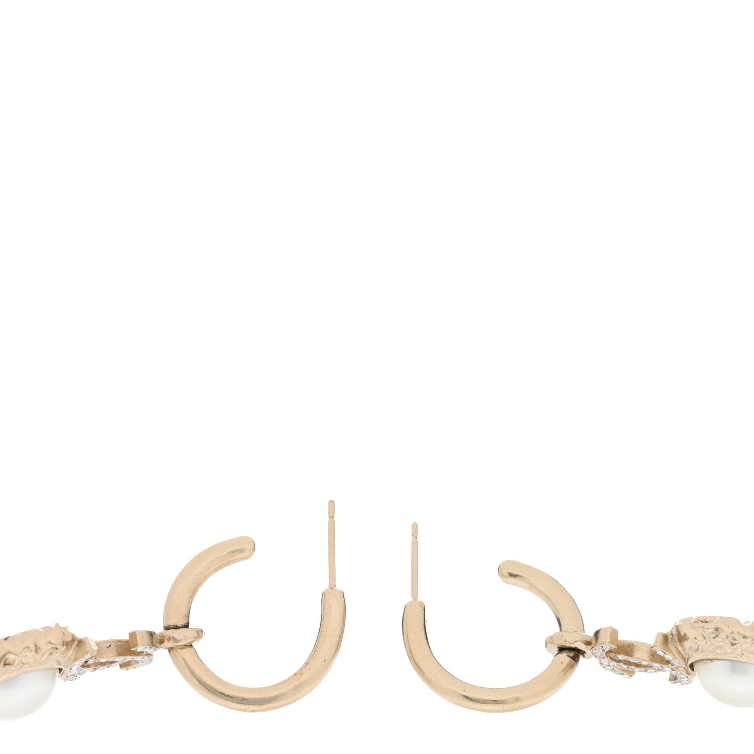 Chanel Metal Crystal Pearl Textured CC Hoop Drop Earrings Gold White 3 of 4