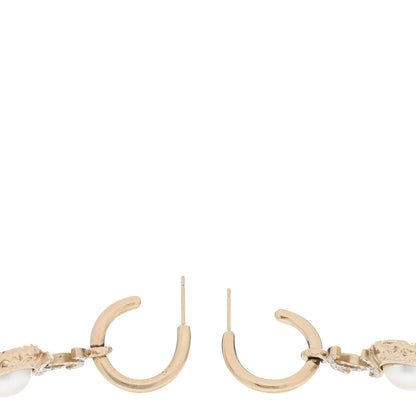 Chanel Metal Crystal Pearl Textured CC Hoop Drop Earrings Gold White 3 of 4