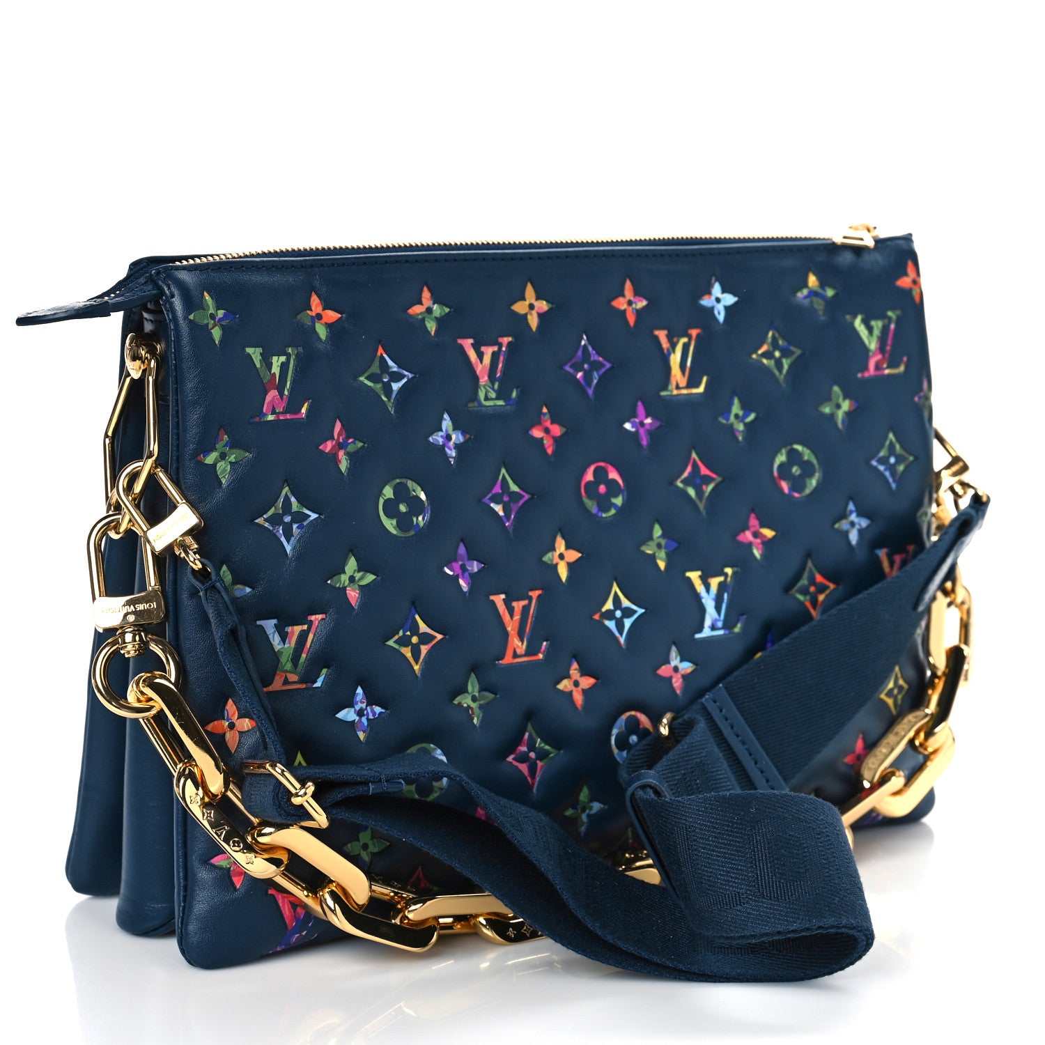 LOUIS VUITTON Lambskin Embossed Monogram LV Garden Coussin MM Navy Blue
