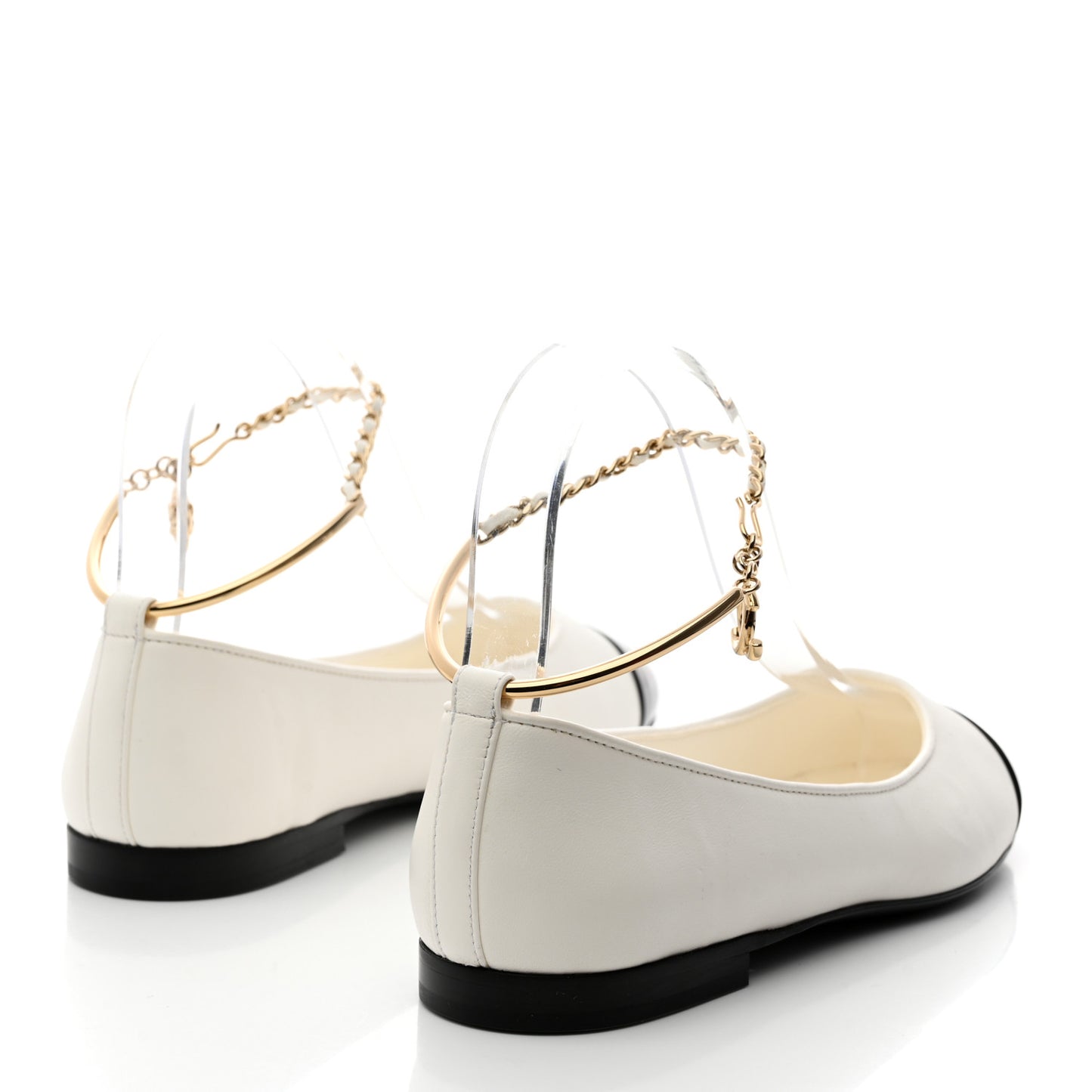 Lambskin Patent Calfskin Cap Toe Ankle Chain Ballerina Flats 36 White Black
