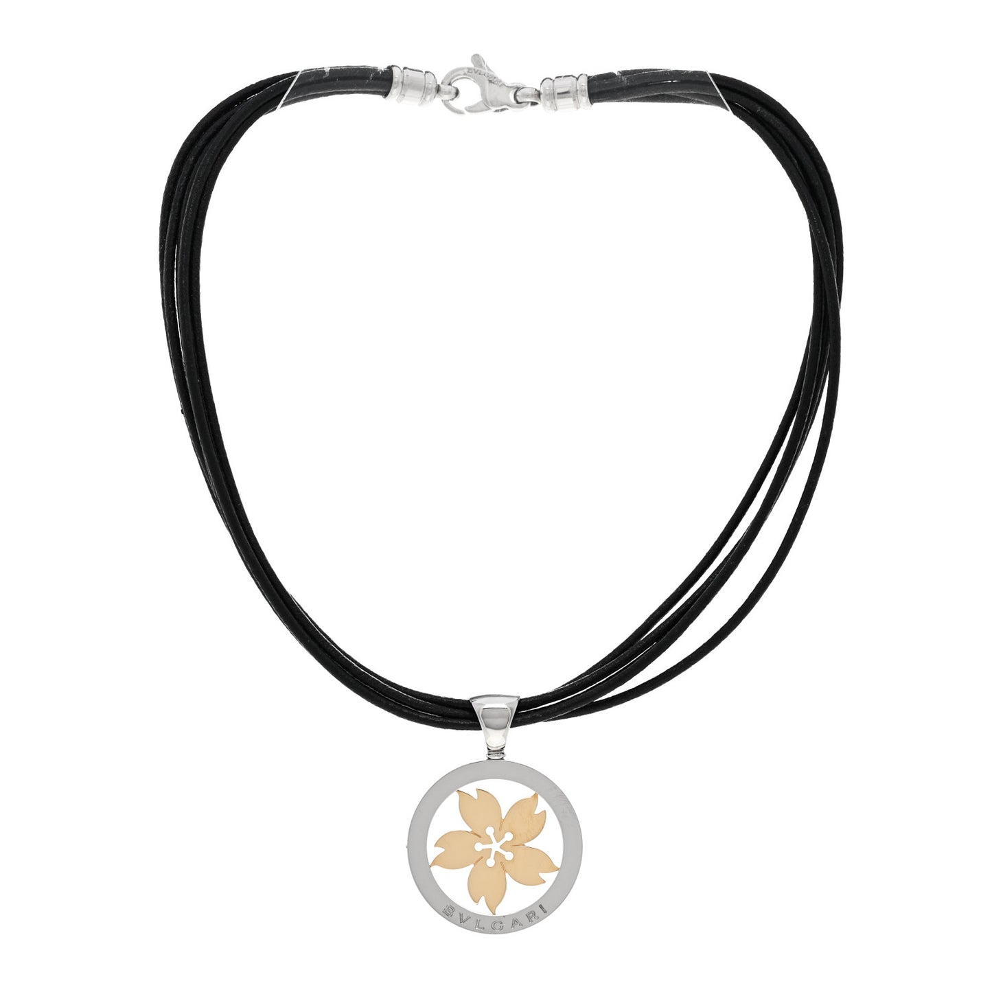 Stainless Steel 18K Yellow Gold Calfskin Tondo Sakura Flower Pendant Necklace