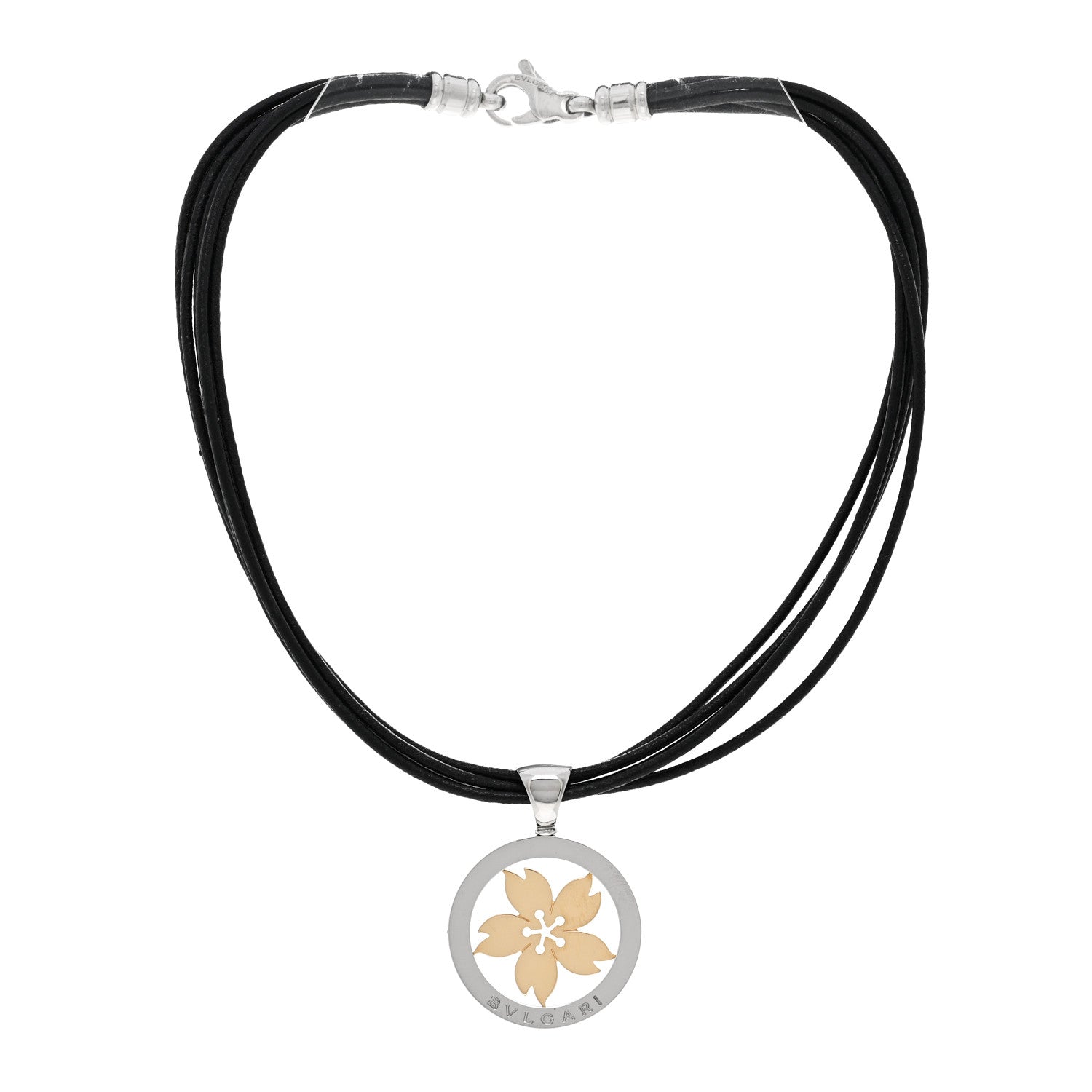 Bulgari Stainless Steel 18K Yellow Gold Calfskin Tondo Sakura Flower Pendant Necklace 3 of 4