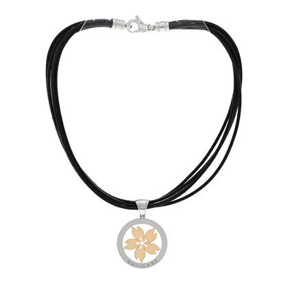 Bulgari Stainless Steel 18K Yellow Gold Calfskin Tondo Sakura Flower Pendant Necklace 3 of 4