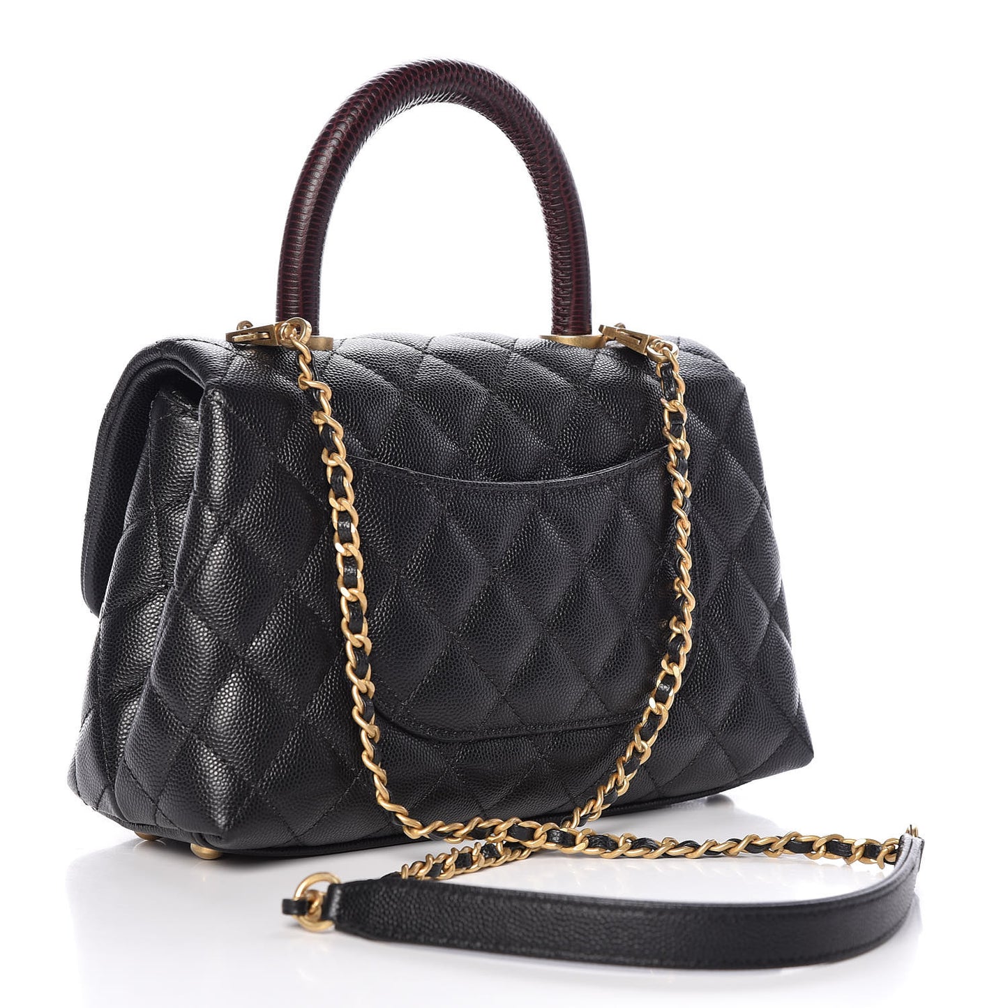 Caviar Lizard Embossed Quilted Mini Coco Handle Flap Black