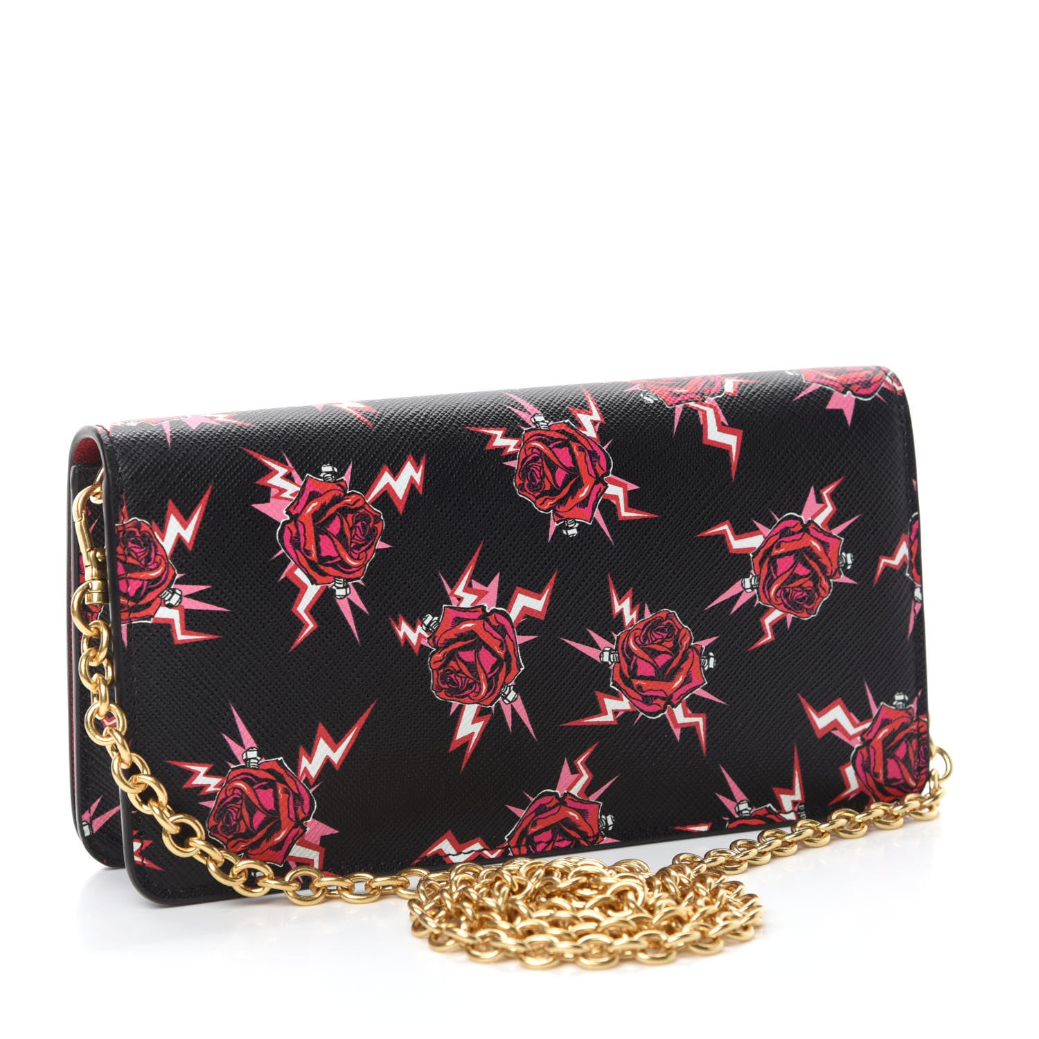 Prada X UNIVERSAL STUDIOS Saffiano Frankenstein Rose Chain Wallet Lacca 3 of 11