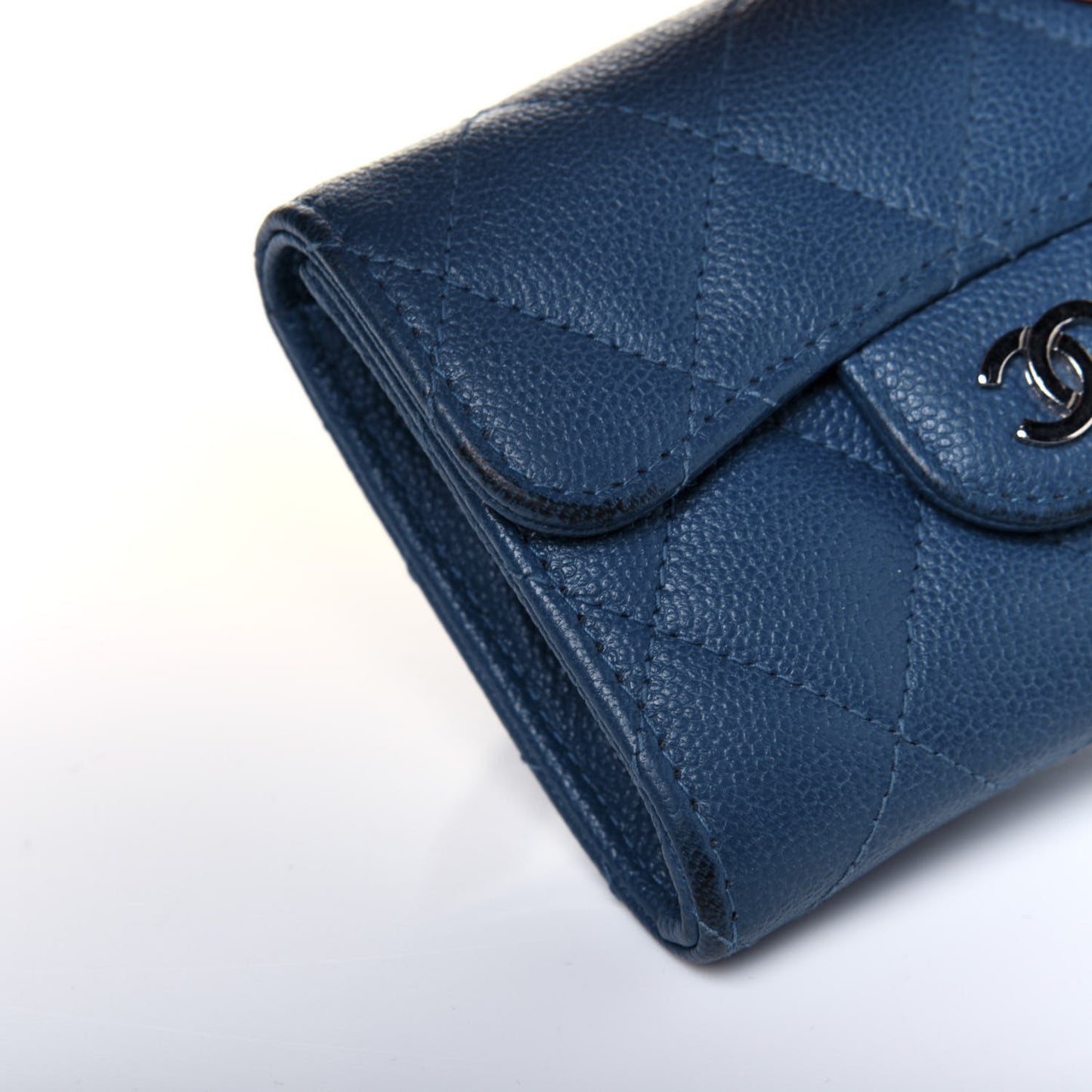 Caviar Quilted Flap Card Holder Wallet Navy