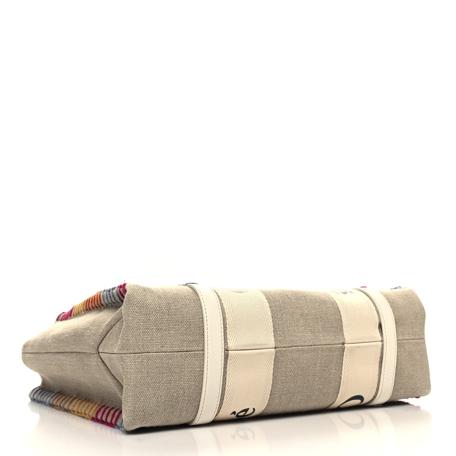 Chloe Linen Canvas Calfskin Blanket Stitched Medium Woody Ribbon Tote White Multicolor 4 of 10