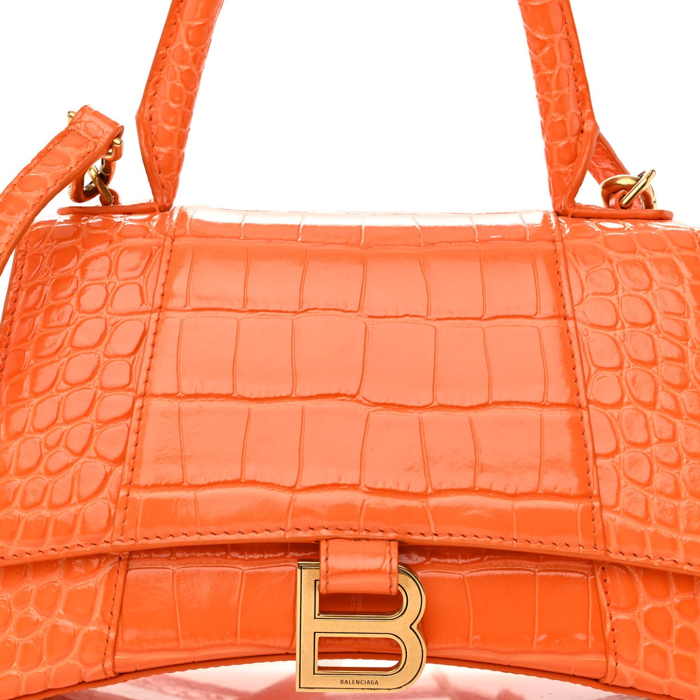Shiny Calfskin Crocodile Embossed Small Hourglass Top Handle Bag Orange
