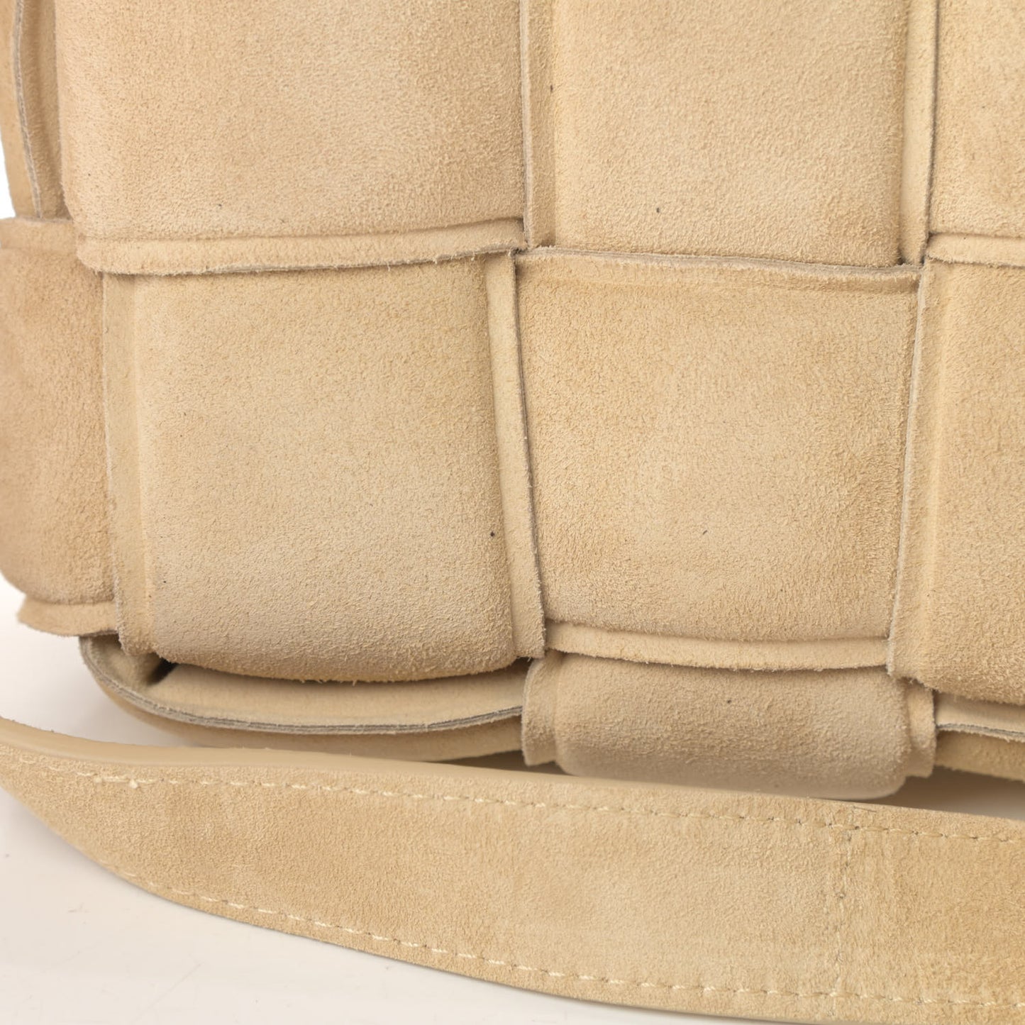 Suede Calfskin Maxi Intrecciato Padded Cassette Crossbody Bag Sand