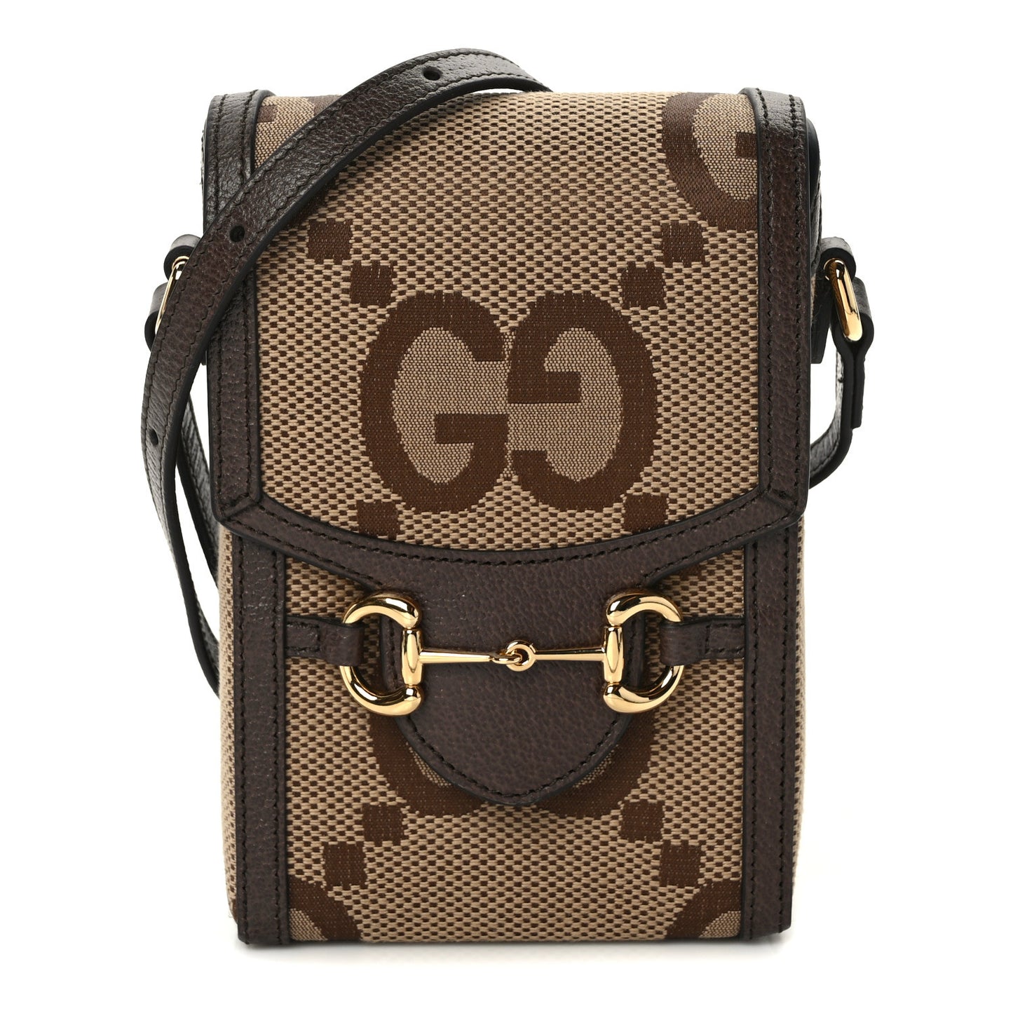 Monogram Jumbo GG Textured Dollar Calfskin Mini Horsebit 1955 Crossbody Bag Camel Ebony New Acero