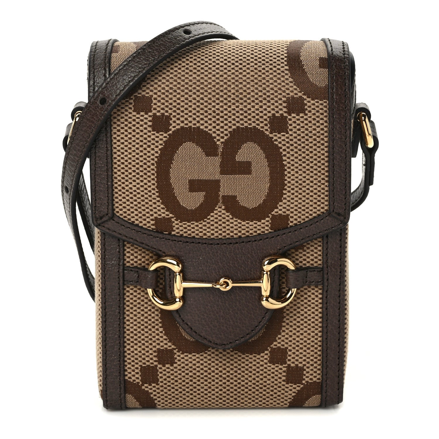 Gucci Monogram Jumbo GG Textured Dollar Calfskin Mini Horsebit 1955 Crossbody Bag Camel Ebony New Acero 1 of 14