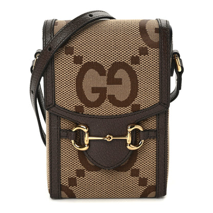 Gucci Monogram Jumbo GG Textured Dollar Calfskin Mini Horsebit 1955 Crossbody Bag Camel Ebony New Acero 1 of 14