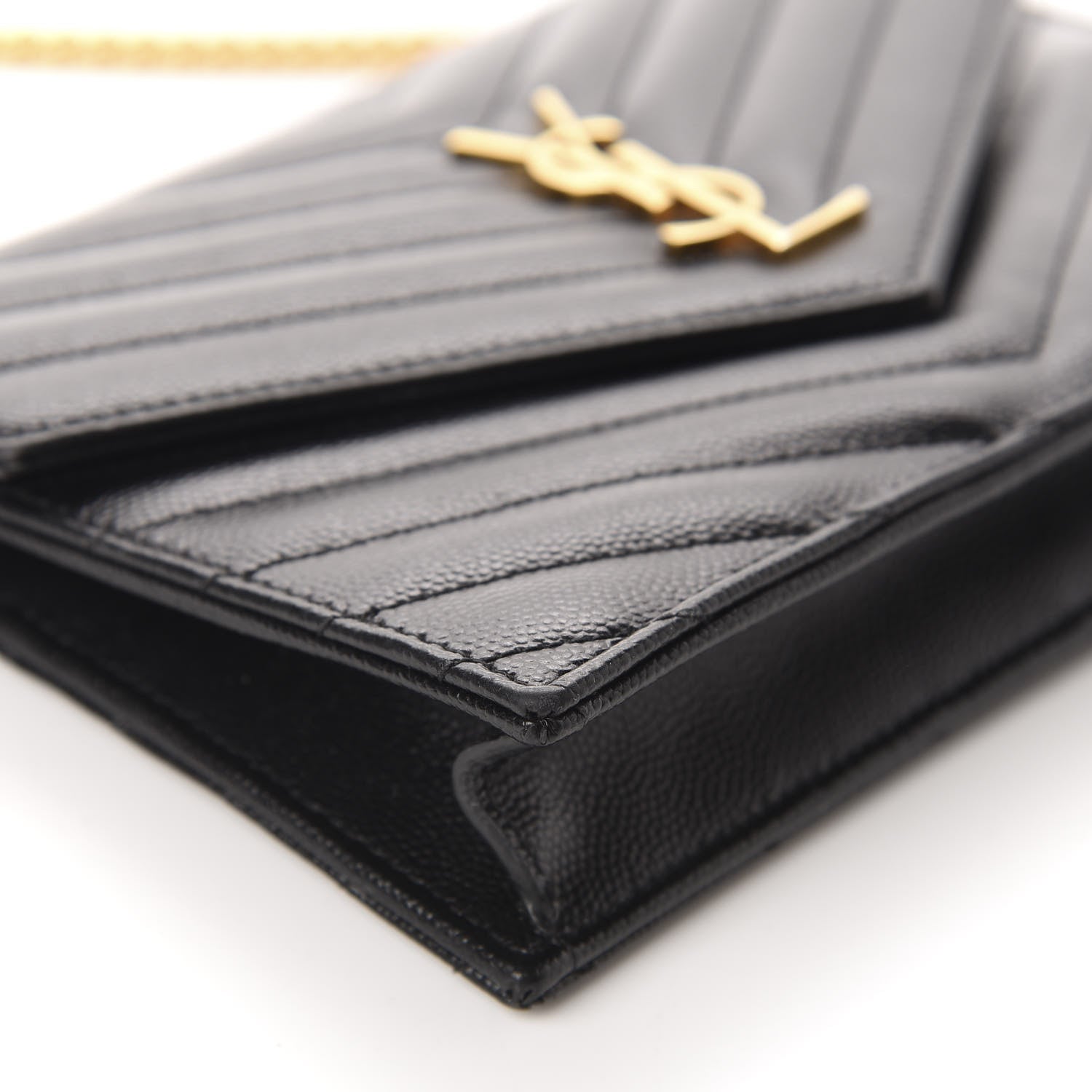 Saint Laurent Grain De Poudre Matelasse Chevron Monogram Envelope Chain Wallet Black 6 of 10