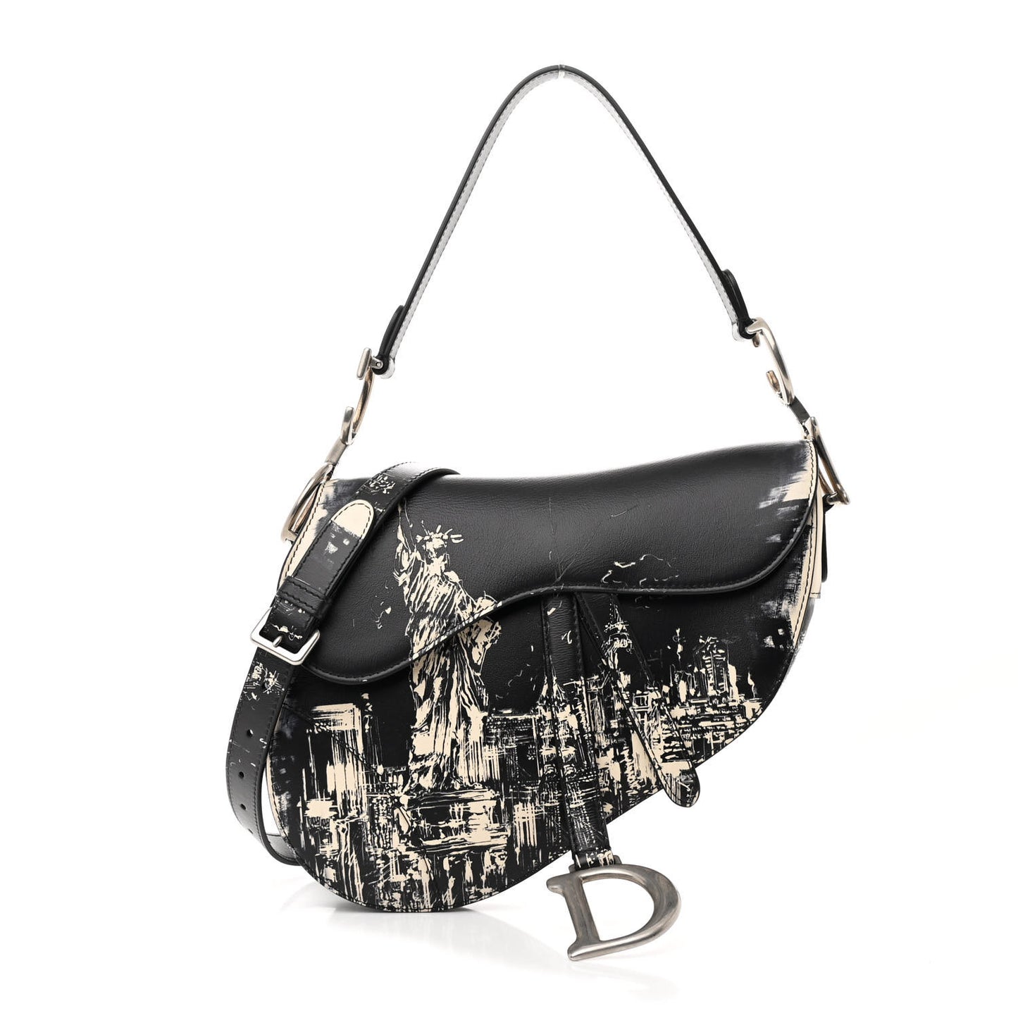 Calfskin New York Printed Saddle Bag With Strap Black White