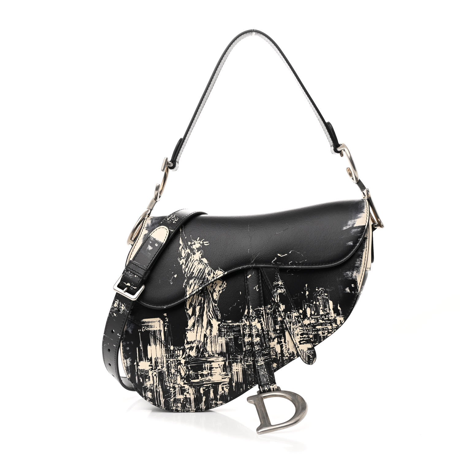 Christian Dior Calfskin New York Printed Saddle Bag With Strap Black White 1 of 10