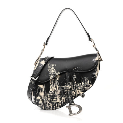 Christian Dior Calfskin New York Printed Saddle Bag With Strap Black White 1 of 10