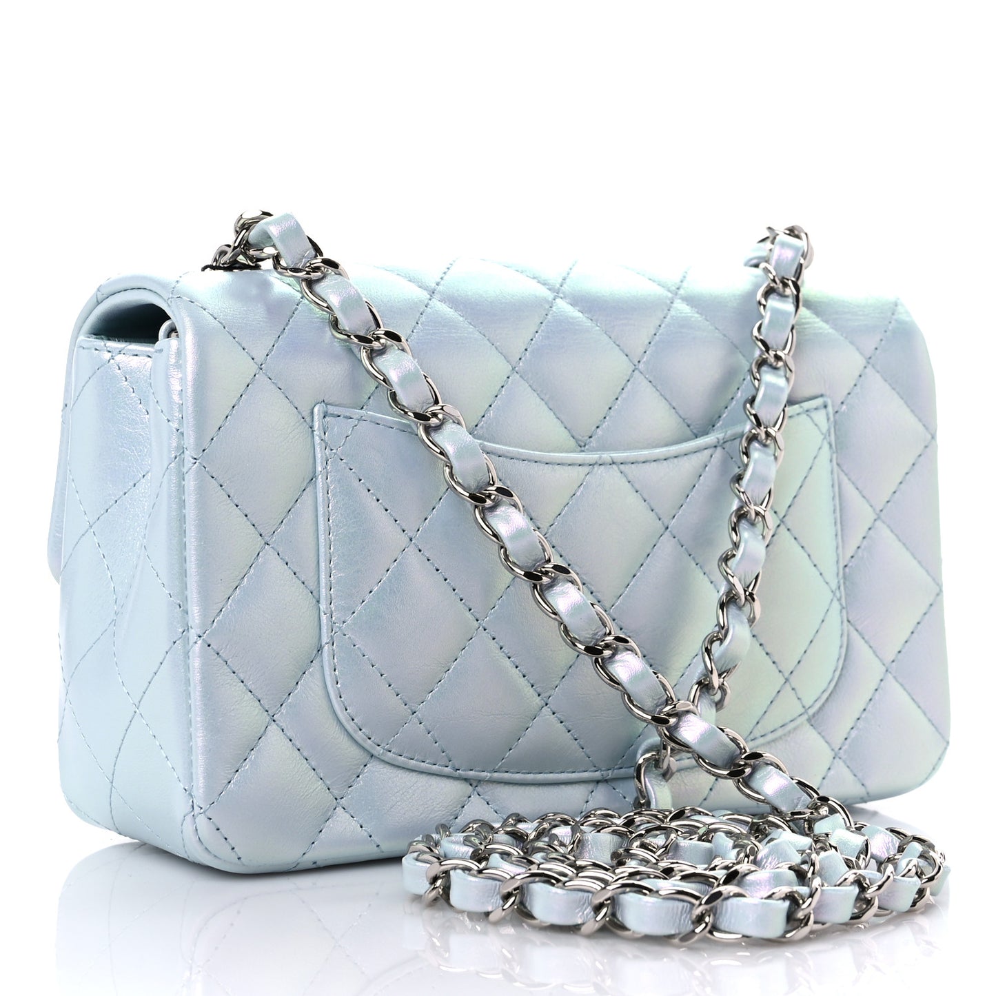 Iridescent Calfskin Quilted Mini Rectangular Flap Light Blue