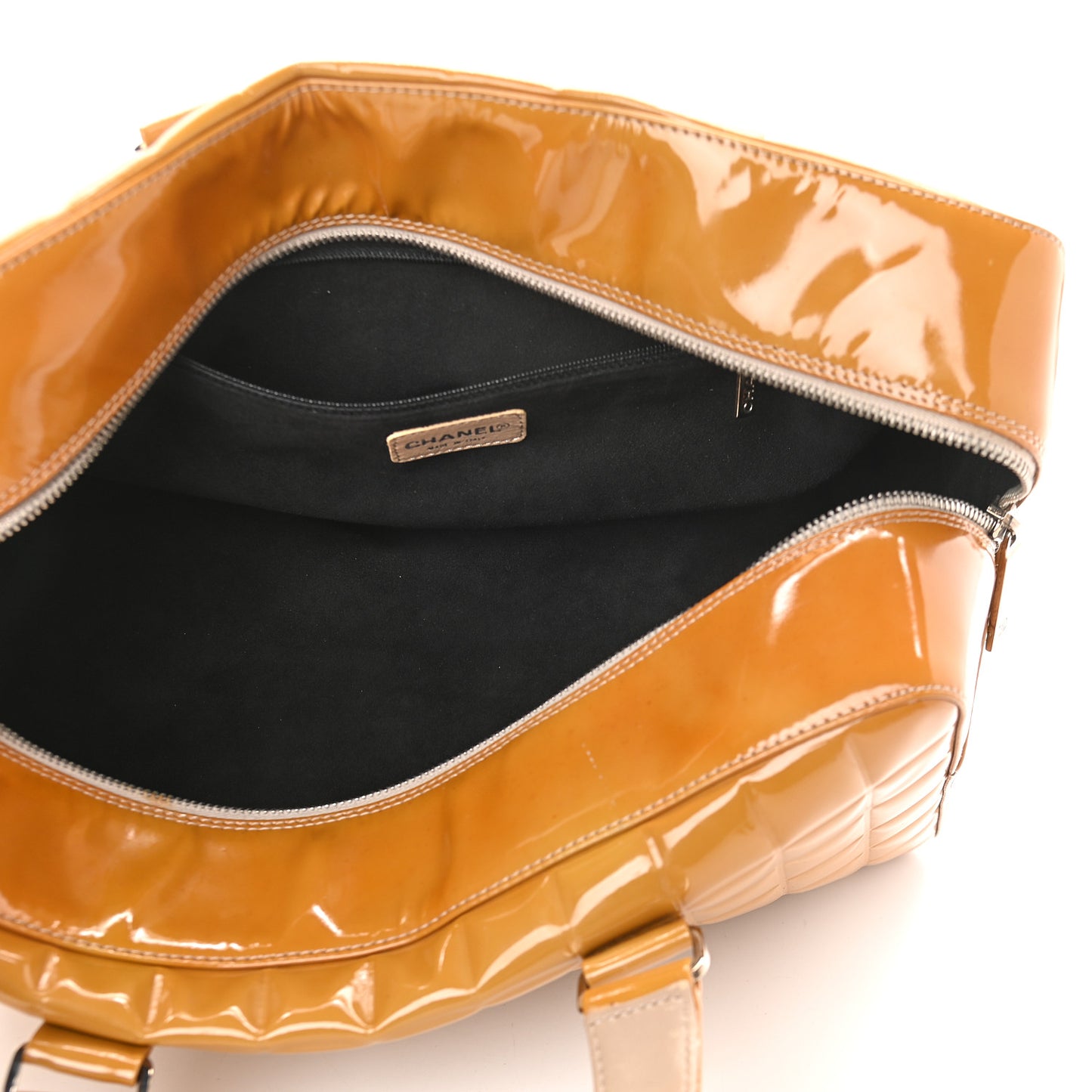 Patent Quilted Chocolate Bar Bowler Beige
