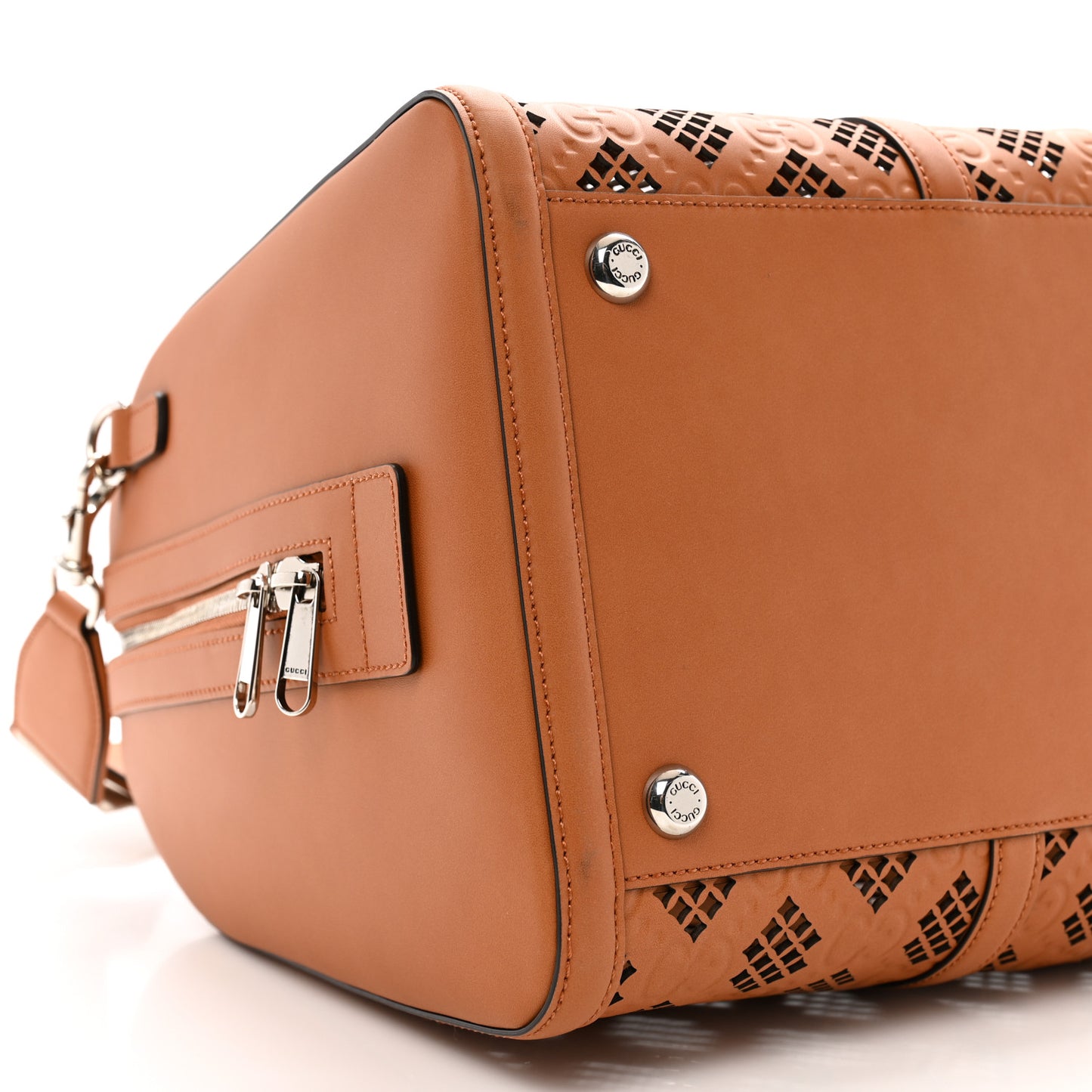 Calfskin Cut Out GG Embossed Medium Duffle Bag Harness Brown