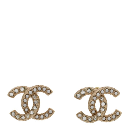 Chanel Pearl Crystal CC Stud Earrings Gold 1 of 4