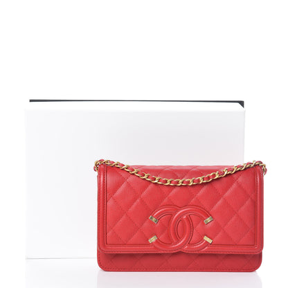 Chanel Caviar Quilted CC Filigree Wallet On Chain WOC Red 11 of 11