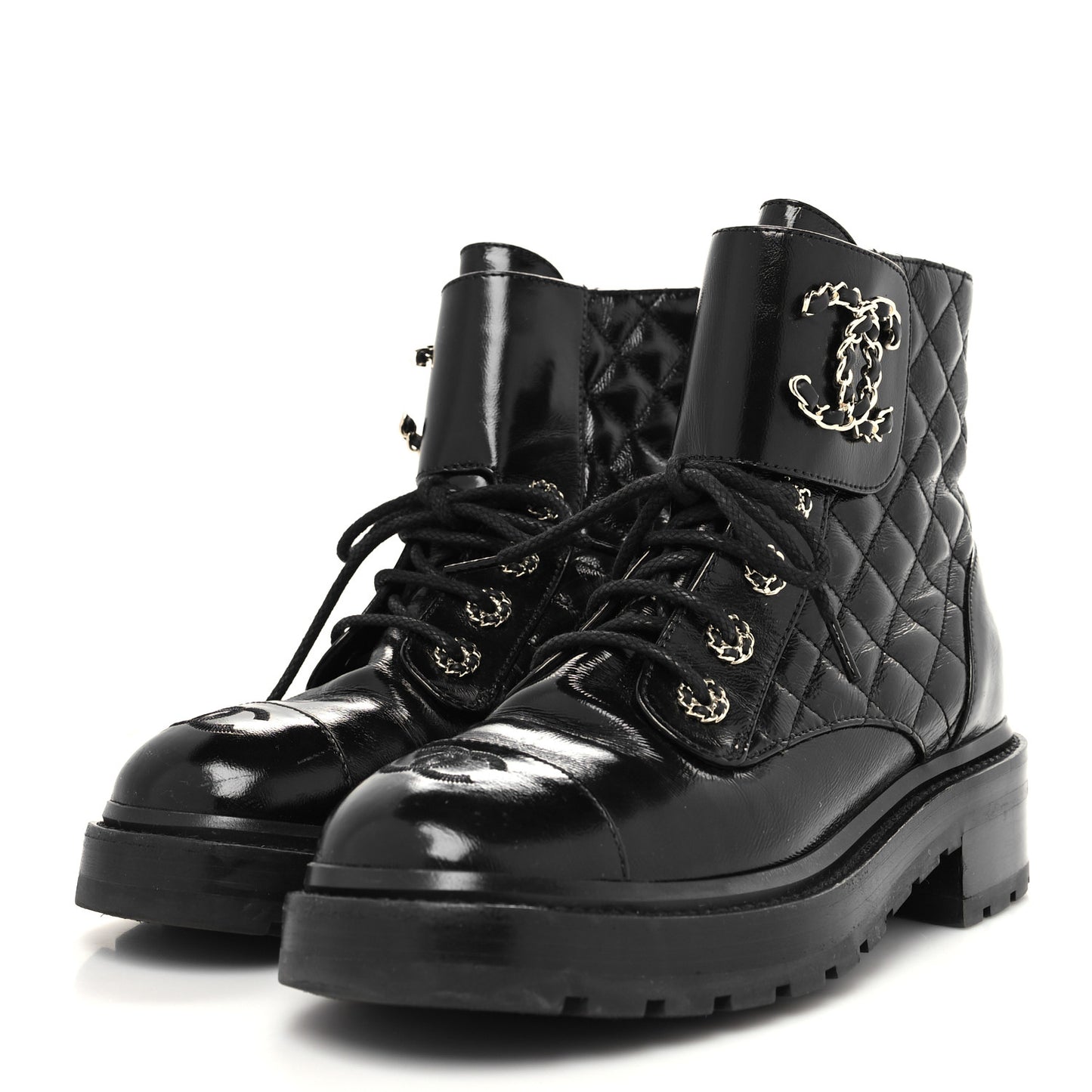 Shiny Goatskin Calfskin Quilted Lace Up Combat Boots 37 Black