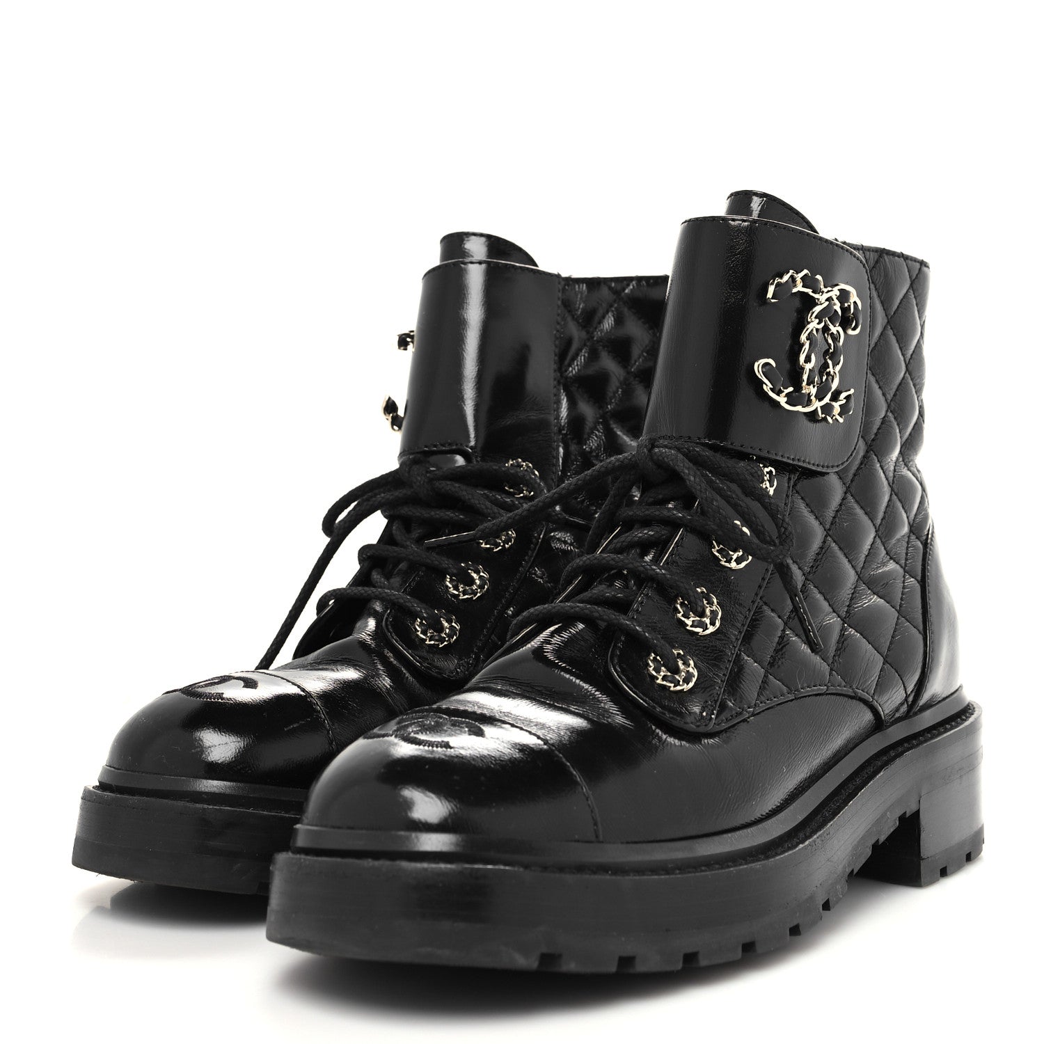Chanel Shiny Goatskin Calfskin Quilted Lace Up Combat Boots 37 Black 2 of 9