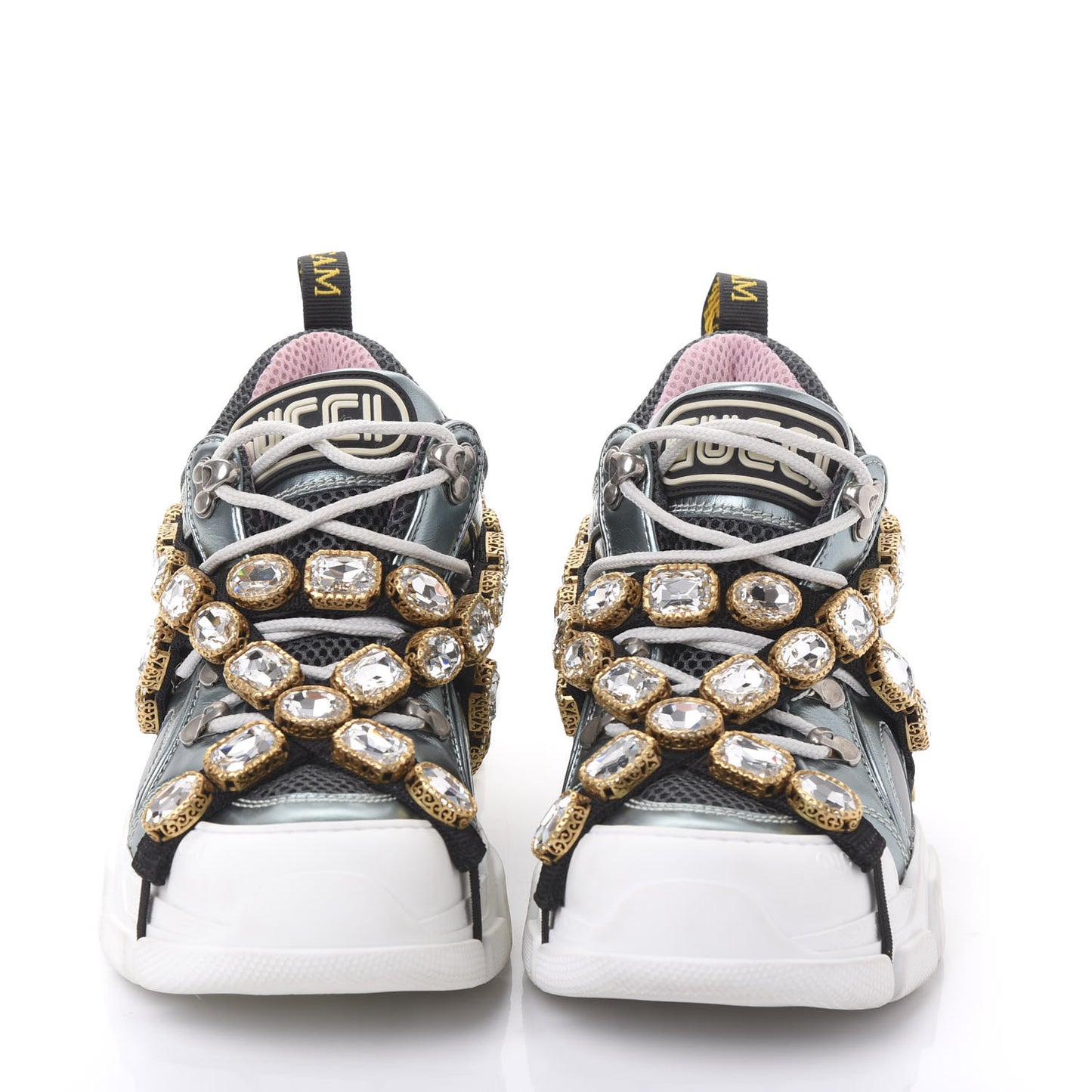 X SEGA Metallic Calfskin Removable Crystals Womens Flashtrek Sneakers 36.5 Lago Loess Silver