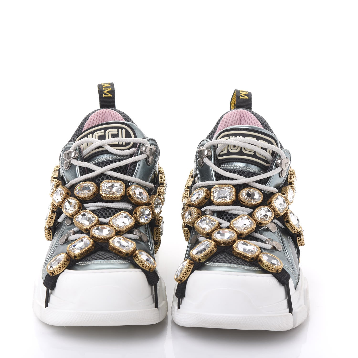 Gucci X SEGA Metallic Calfskin Removable Crystals Womens Flashtrek Sneakers 36.5 Lago Loess Silver 2 of 8