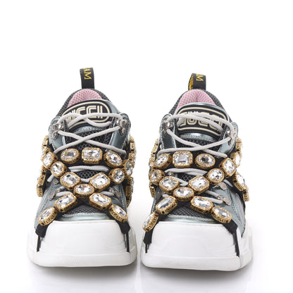 Gucci X SEGA Metallic Calfskin Removable Crystals Womens Flashtrek Sneakers 36.5 Lago Loess Silver 2 of 8