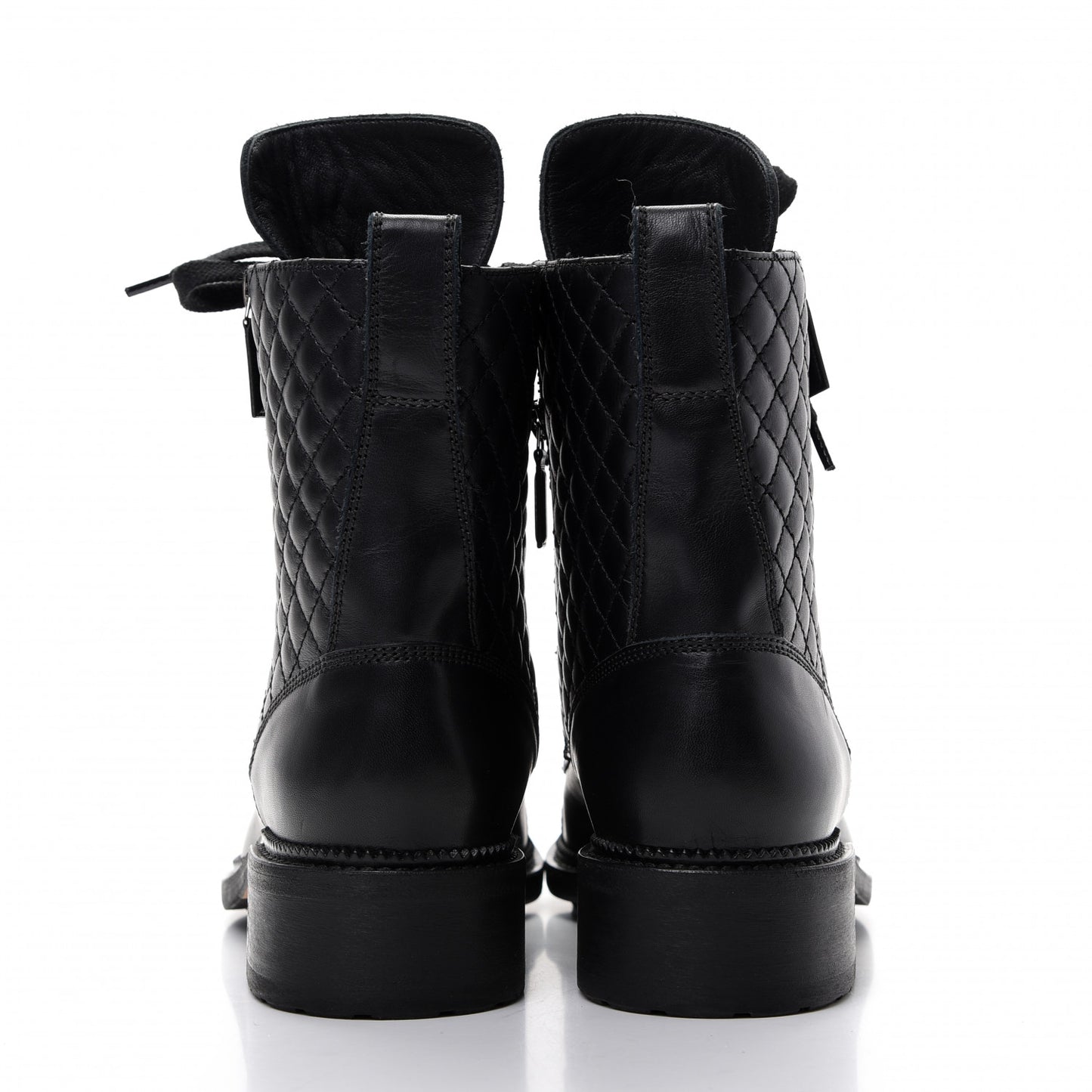 Calfskin Quilted Lace Up Combat Boots 40.5 Black