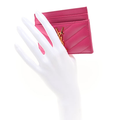 Saint Laurent Grain De Poudre Matelasse Chevron Monogram Credit Card Case Fresh Fuxia 2 of 8