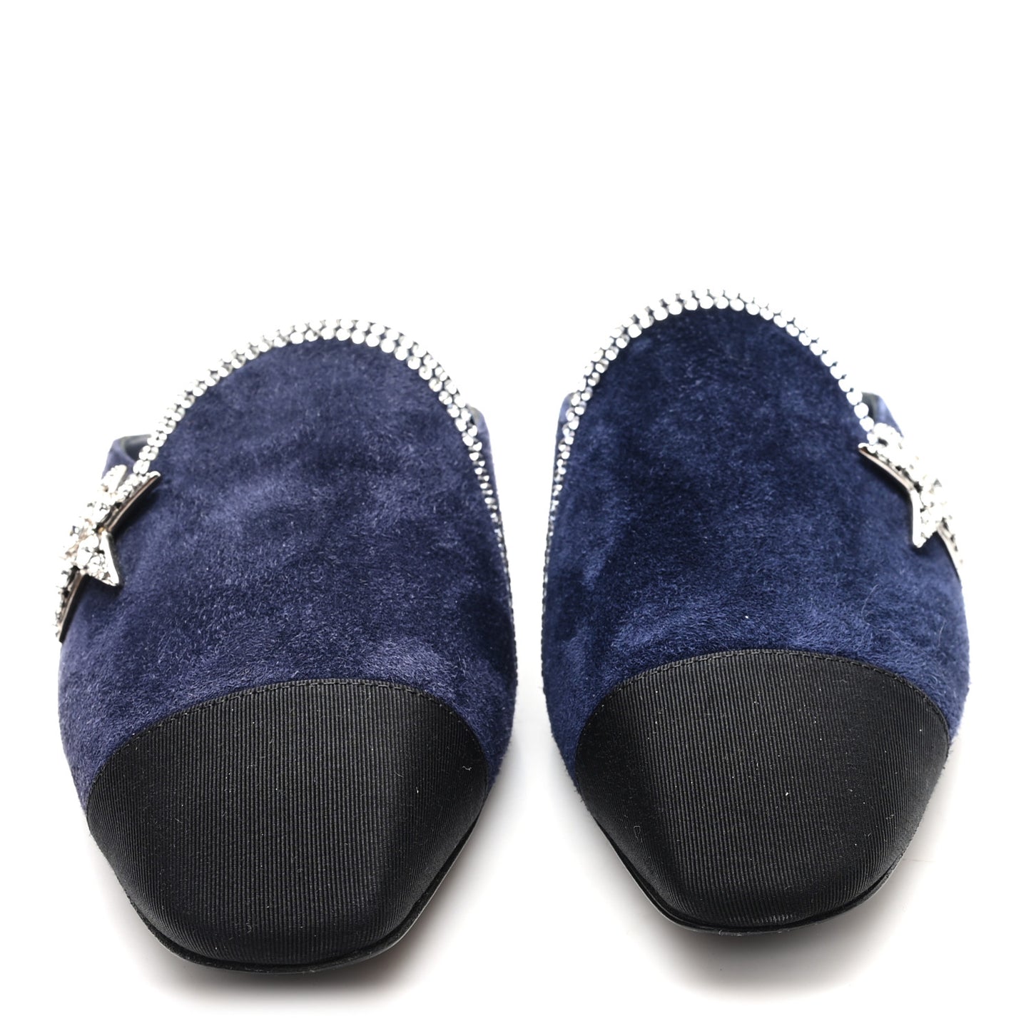 Suede Calfskin Grosgrain Crystal CC Star Mules  37.5 Blue Black