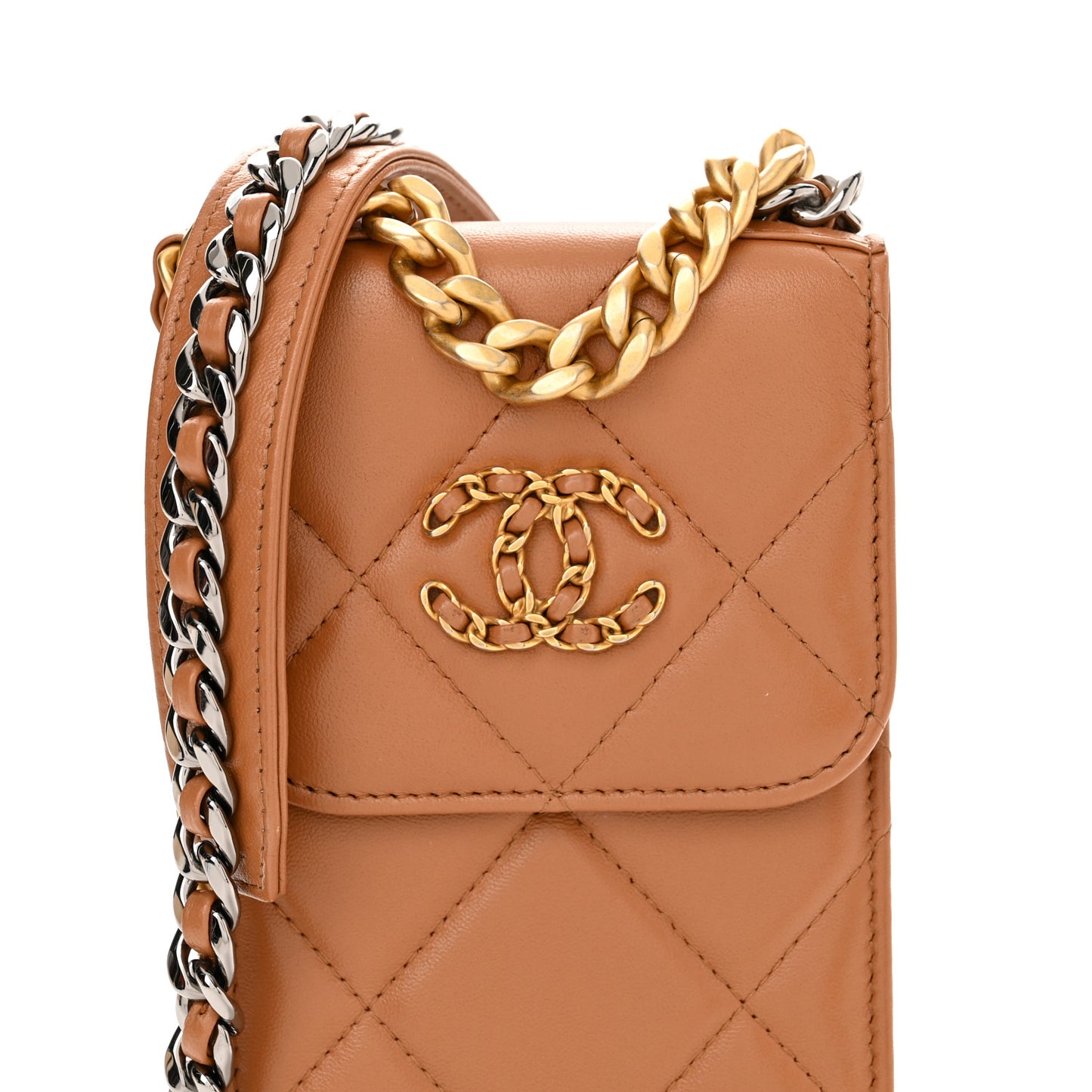 Lambskin Quilted Chanel 19 Phone Holder With Chain Brown