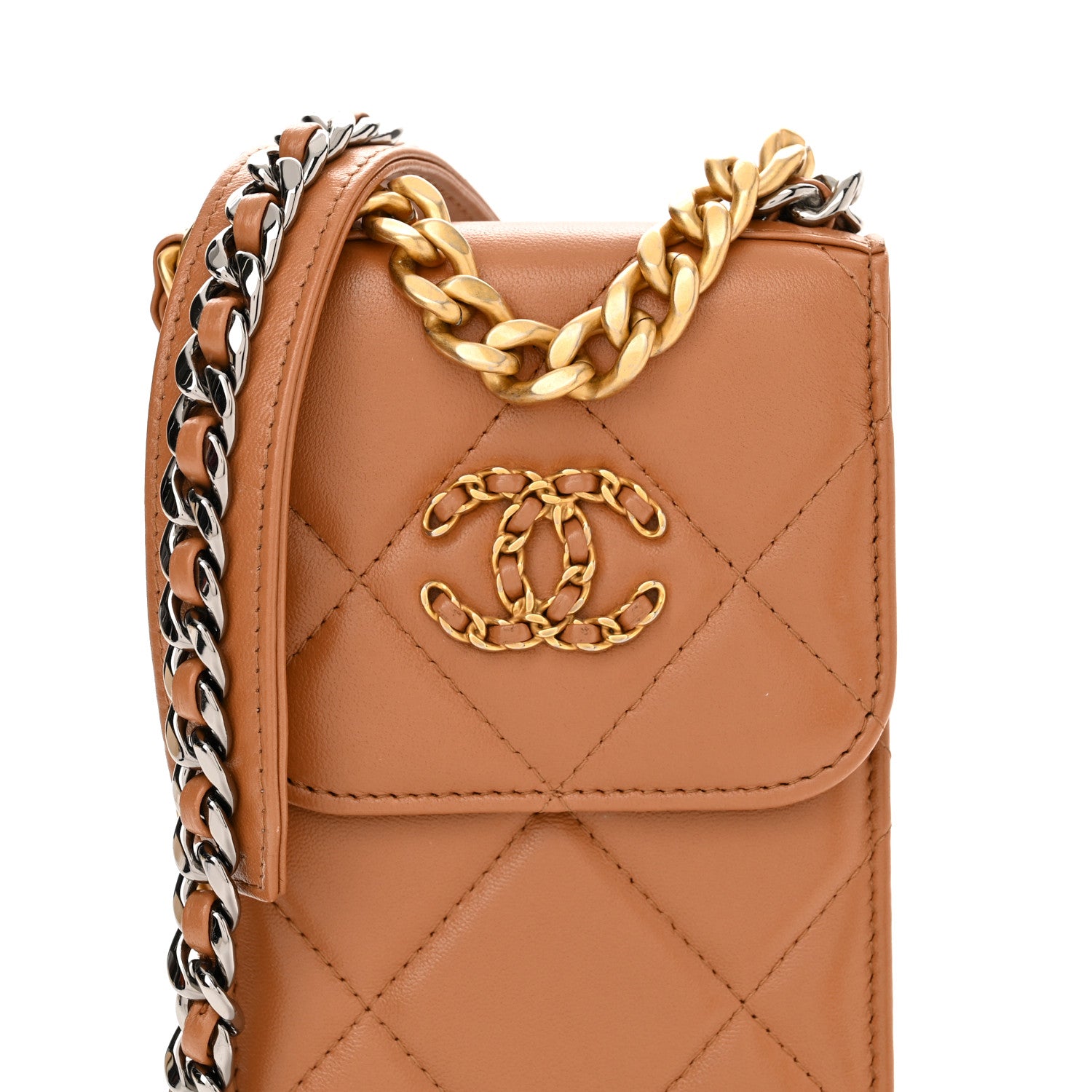 Chanel Lambskin Quilted Chanel 19 Phone Holder With Chain Brown 9 of 14