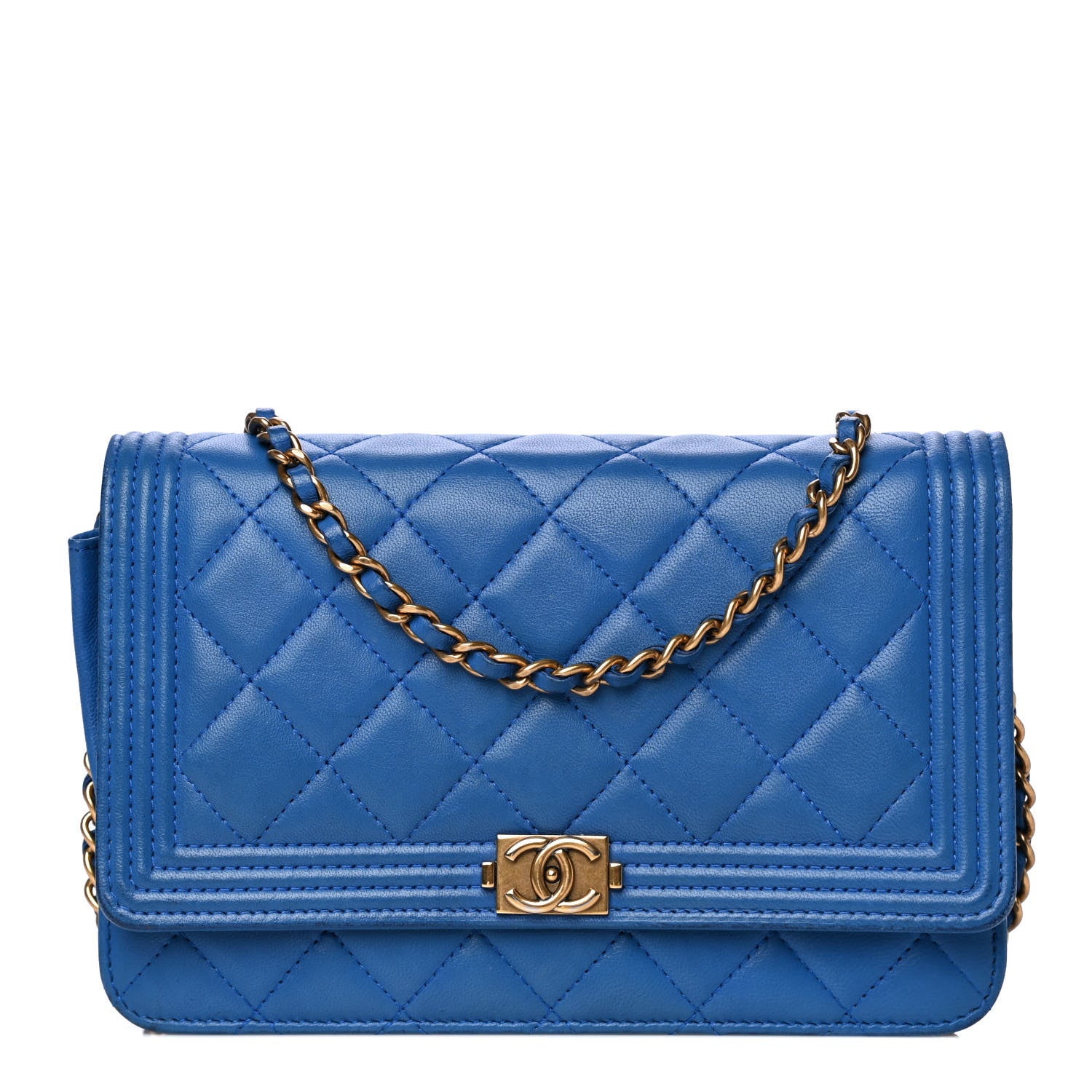 Chanel Lambskin Quilted Boy Wallet On Chain WOC Blue 1 of 13