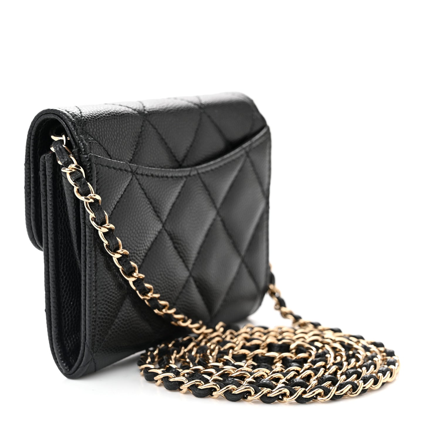 Caviar Quilted Flap Card Holder On Chain Black
