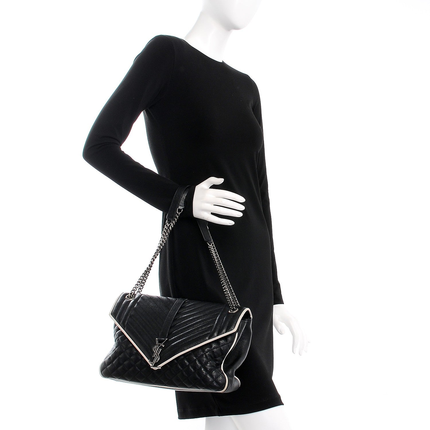 Saint Laurent Calfskin Mixed Matelasse Triquilt Large Monogram Envelope Satchel Black White 2 of 13