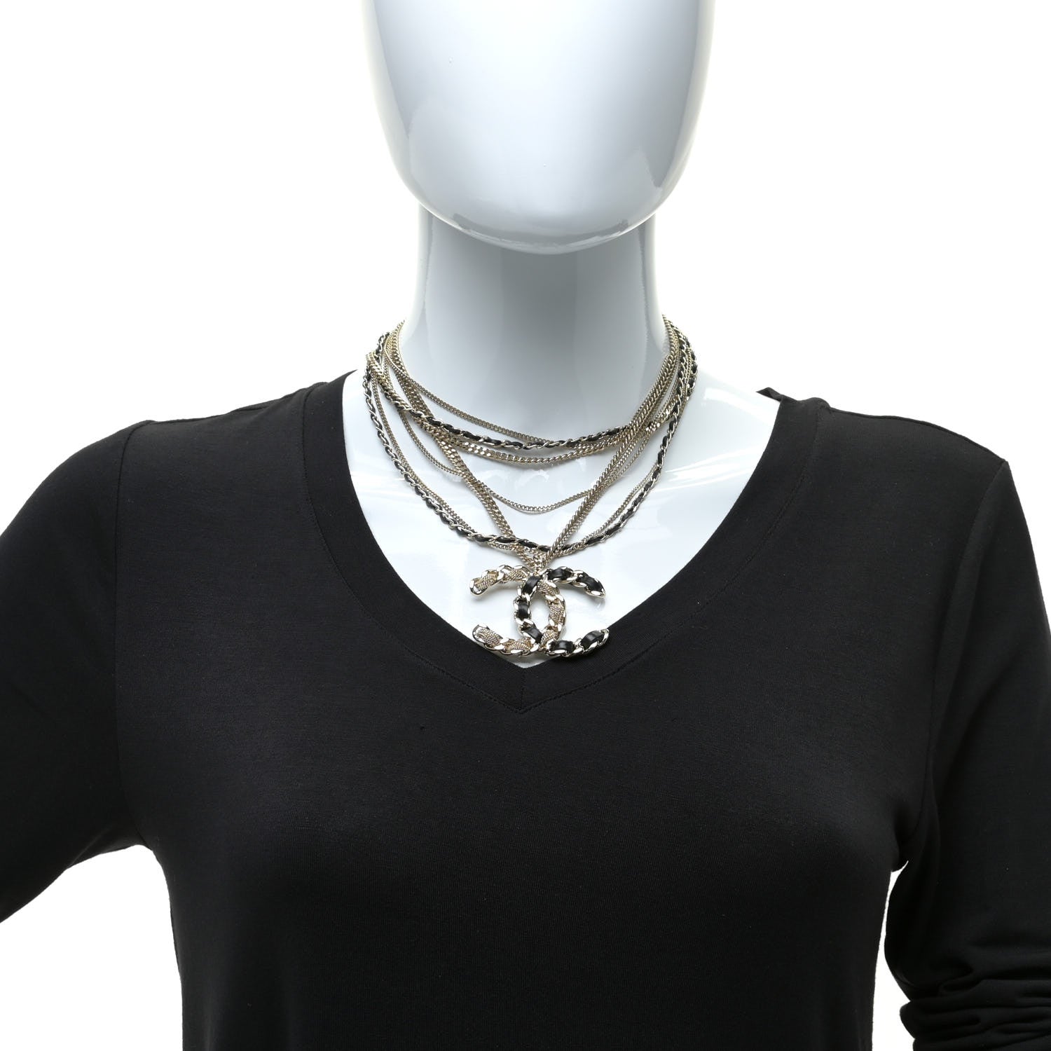 Chanel Pearl Lambskin Chain CC Multi Strand Necklace Gold Black 2 of 6