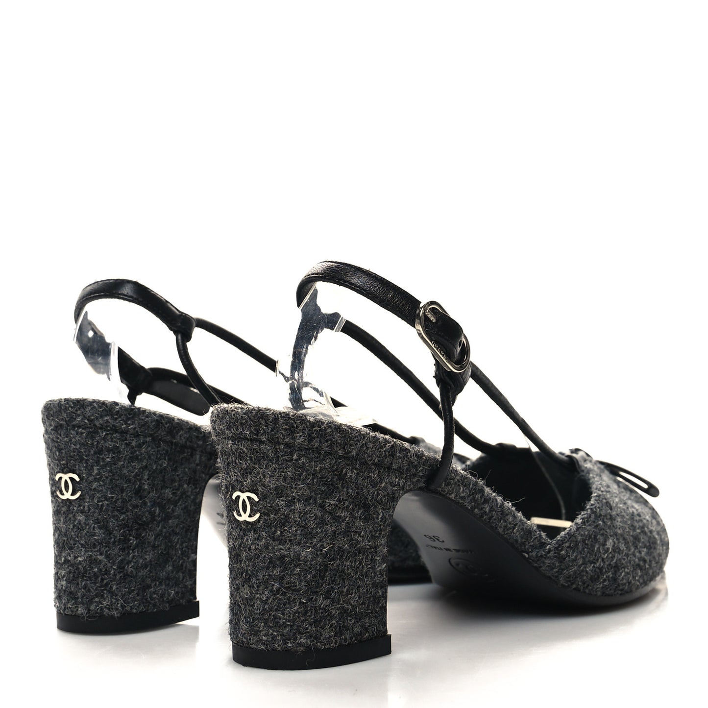 Tweed Satin Slingback Cap Toe Bow Pumps 36 Grey Black