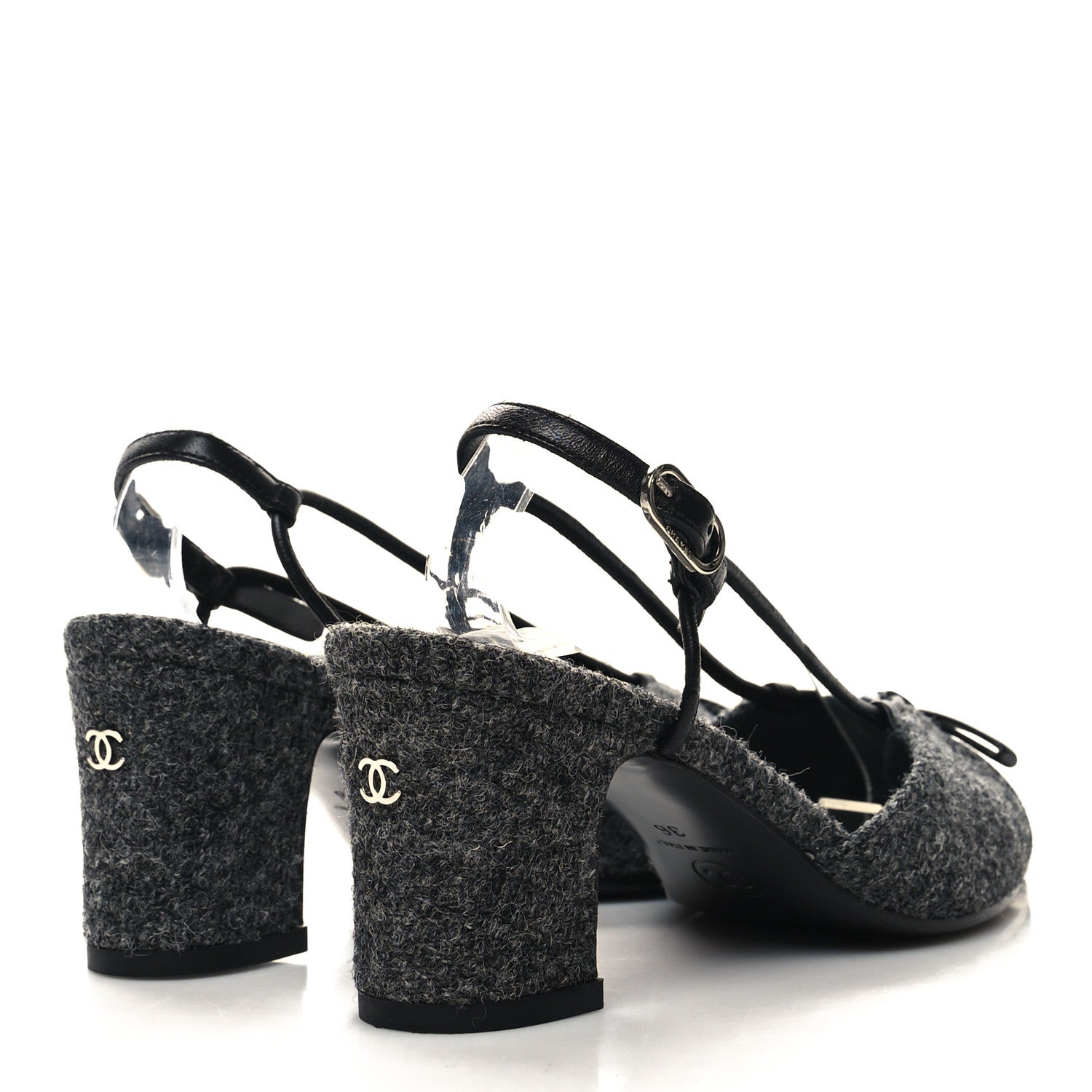 Chanel Tweed Satin Slingback Cap Toe Bow Pumps 36 Grey Black 4 of 8