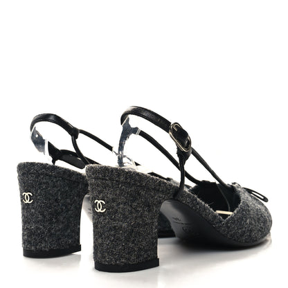 Chanel Tweed Satin Slingback Cap Toe Bow Pumps 36 Grey Black 4 of 8