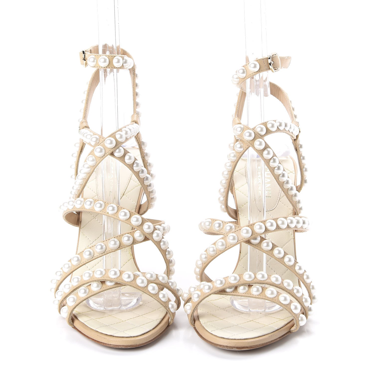 Chanel Goatskin Quilted Pearl Sandals 36.5 Beige 2 of 7