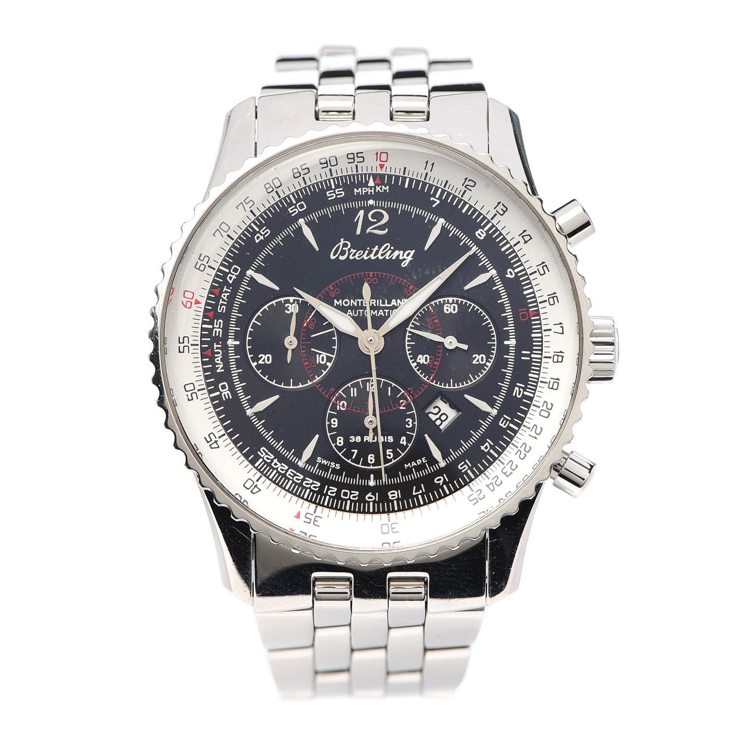 Stainless Steel 38mm Navitimer Montbrillant Chronograph Automatic Watch Black A41330